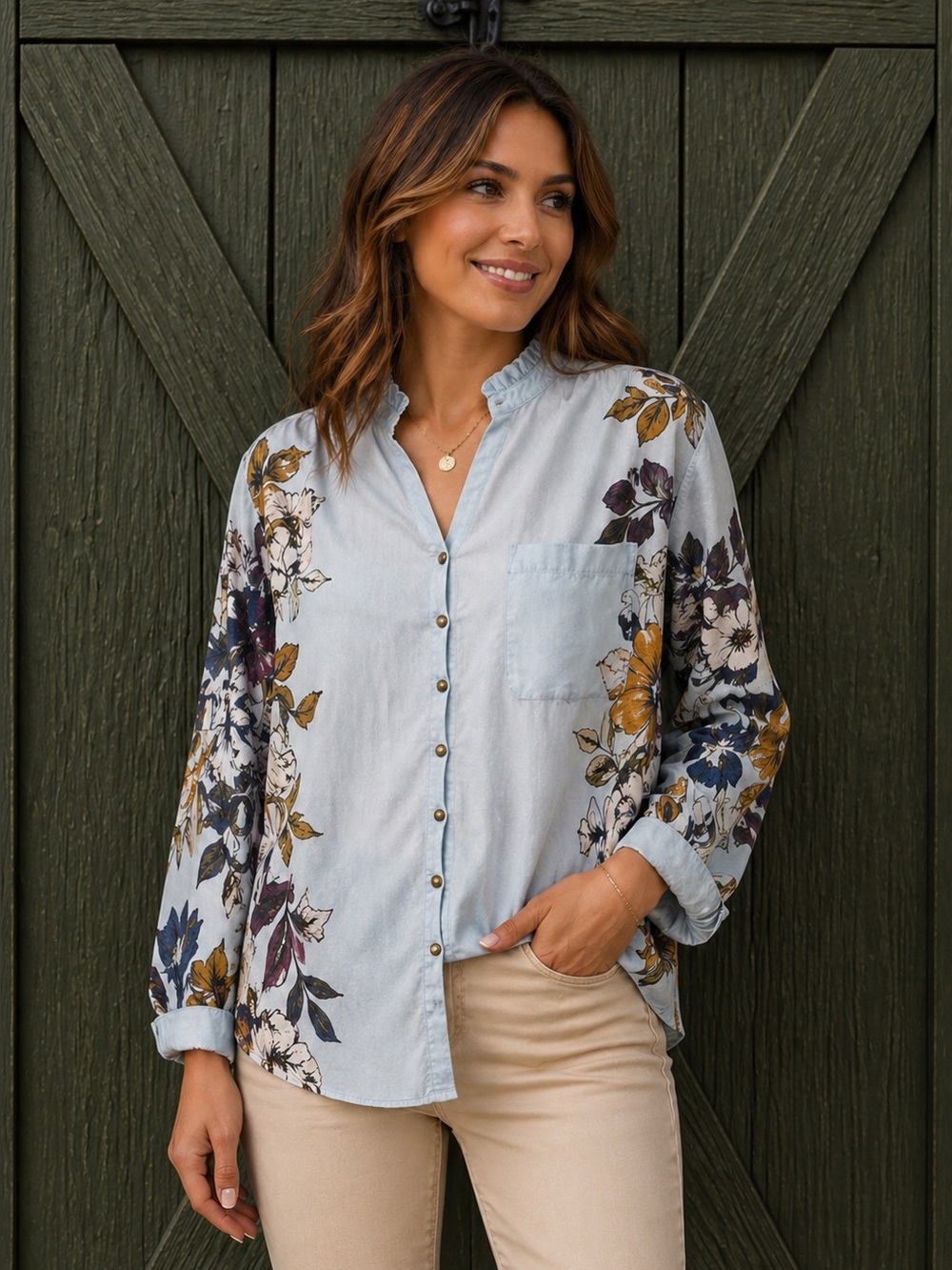 Entro Floral Chambray Button Down Blouse Size L Boho Ruffle Neck Lightweight Top